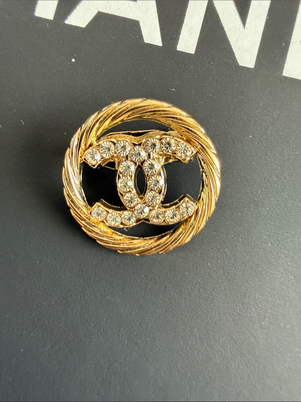 Upcycled Gold-Tone Crystal CC Rope Circle Brooch